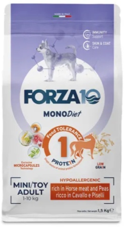 Forza Mini Diet Cavallo con Piselli - Полнорационный гипоаллергенный корм для взрослых собак мелких пород из конины и гороха (склонных к пищевой аллергии и непереносимости) 1,5 кг